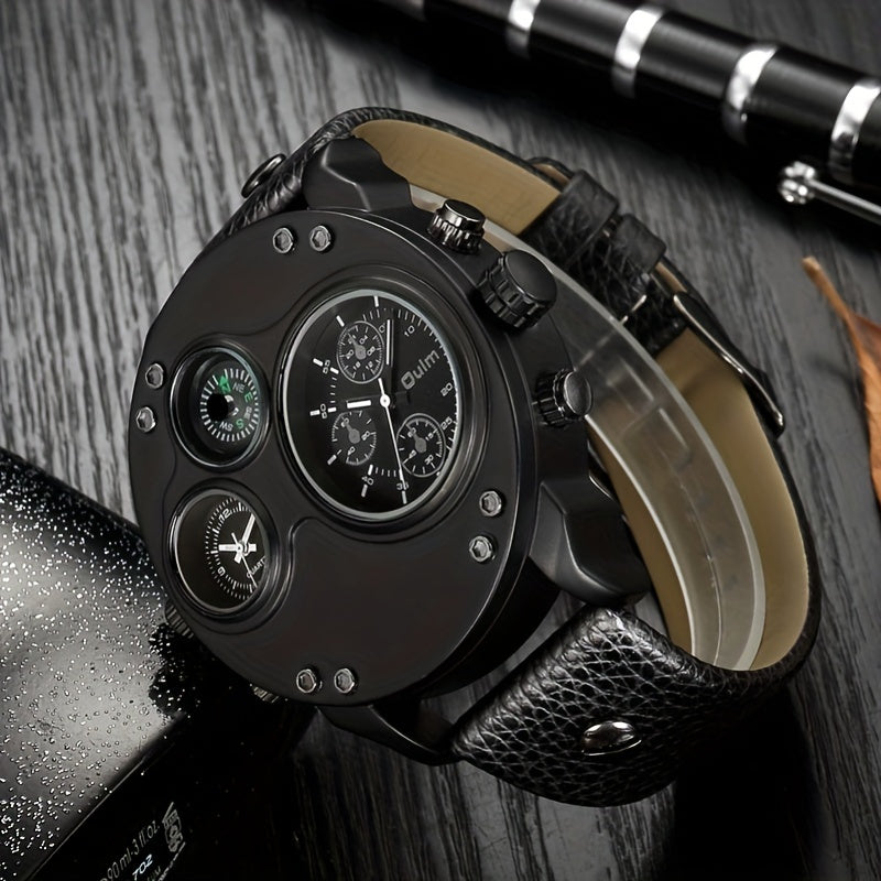 Oulm Mens Dual Time Zone Quartz Watch - Bold Large Dial, Stylish Personality Design, Precise Movement, Comfortable Belt Strap - For Globetrotters & Fashion Enthusiasts