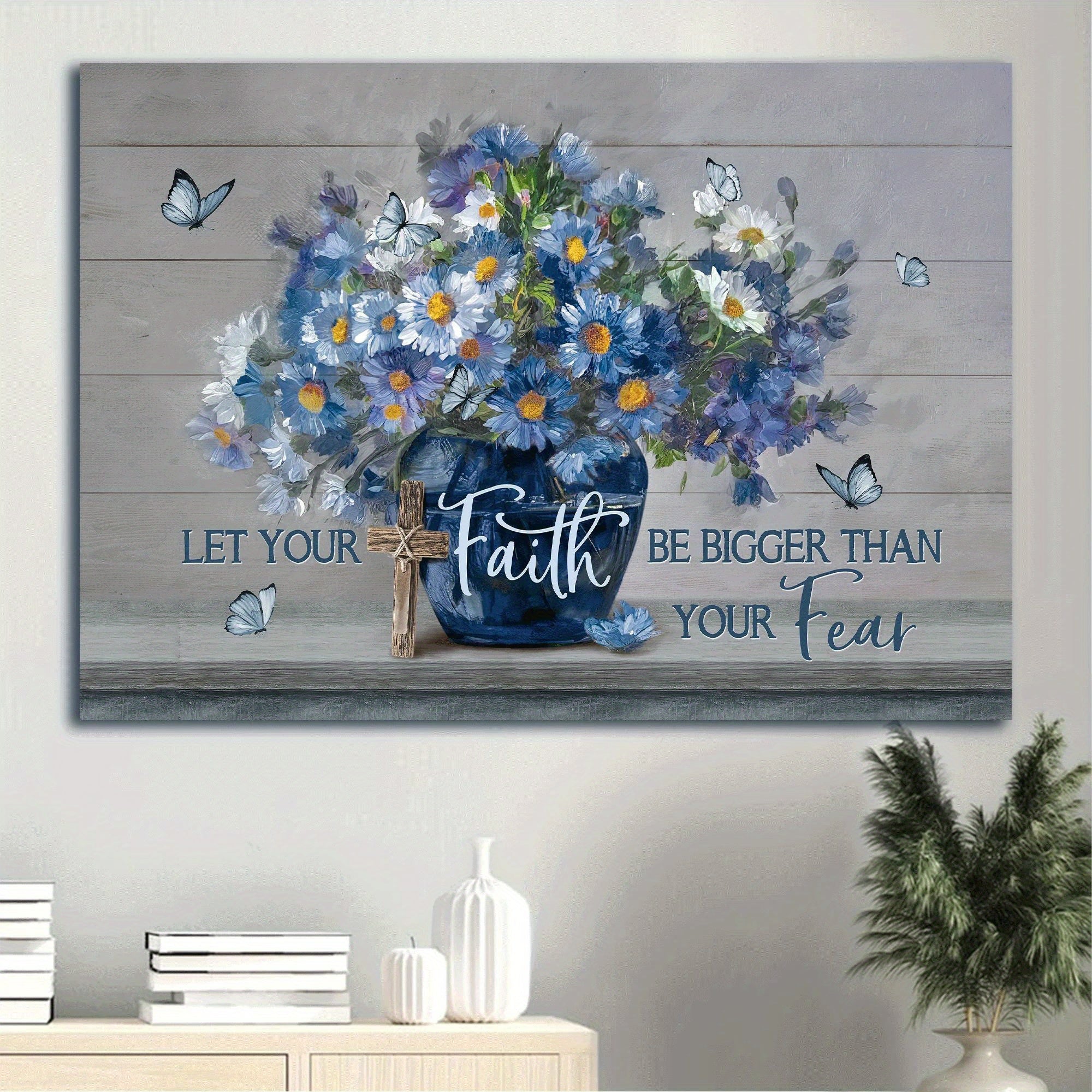 1pc Let Your Faith Be Bigger Than Your Fear - Unique Blue Flower and Butterfly Landscape Canvas Wall Art - Perfect Gift for Christian Believers - No Frame Required