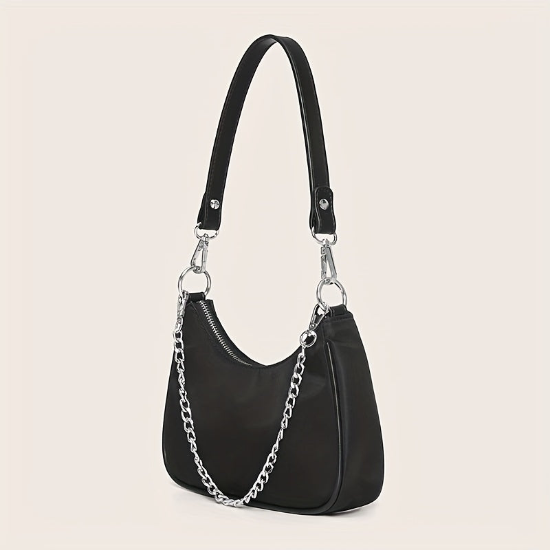 Y2K Chic Chain Baguette Bag - Stylish Nylon Shoulder Purse - Durable & Versatile for Everyday Fashion - Solid Colors for the Fashion-Forward Woman