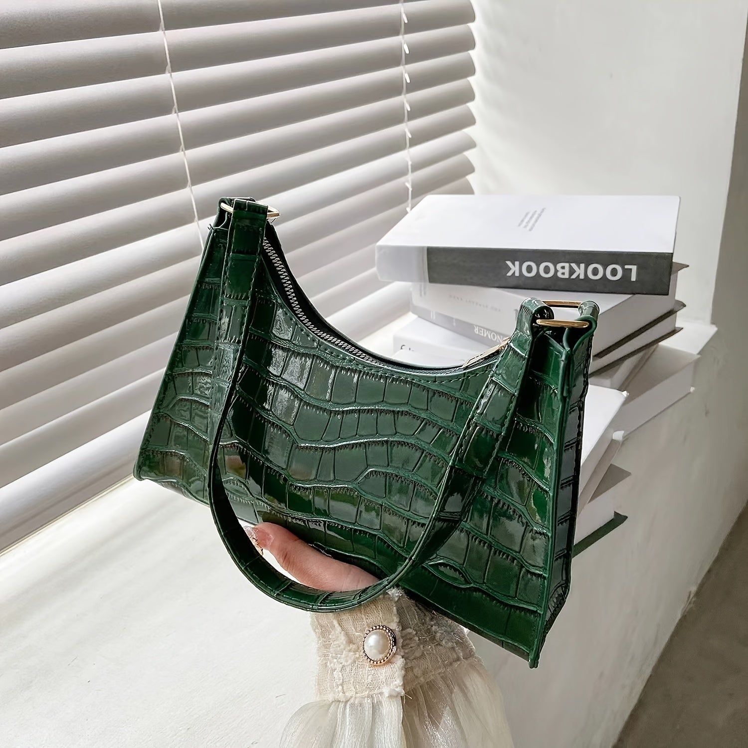 Chic Croc Embossed Underarm Bag - Y2K Inspired Shoulder Purse for Women - Fashion-Forward Design with Secure Zipper Compartment - Premium PU Leather