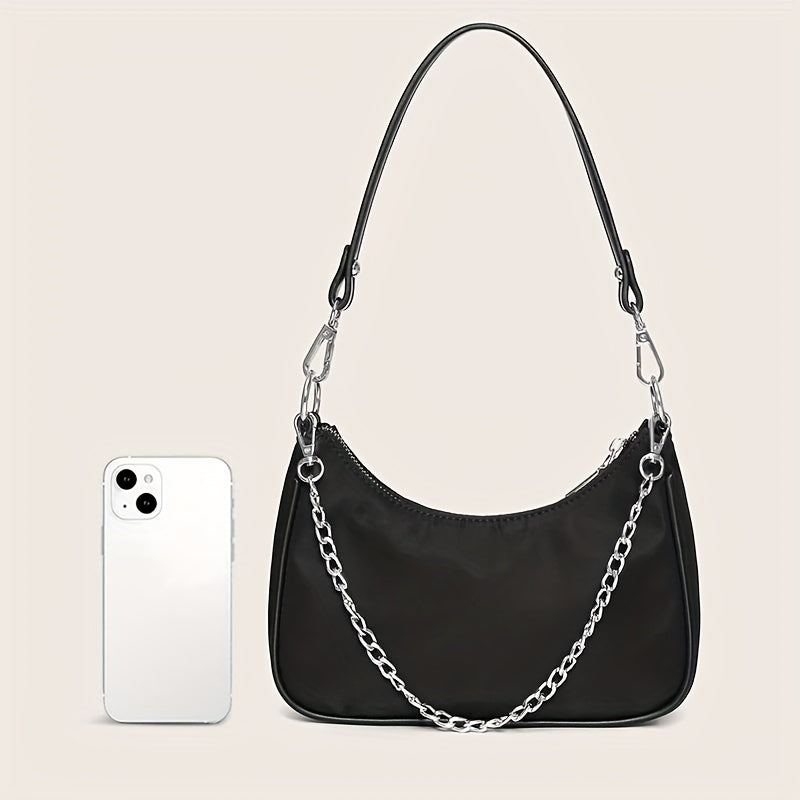 Y2K Chic Chain Baguette Bag - Stylish Nylon Shoulder Purse - Durable & Versatile for Everyday Fashion - Solid Colors for the Fashion-Forward Woman