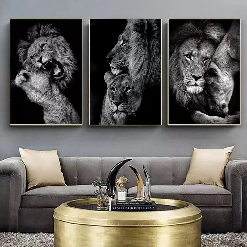 [3pcs Modern Art Canvas Poster] 3pcs Unframed Canvas Poster, Modern Art, Animal Family Poster, Lion Family Poster, Ideal Gift For Bedroom Living Room Corridor, Wall Art, Wall Decor, Winter Decor, Room Decoration