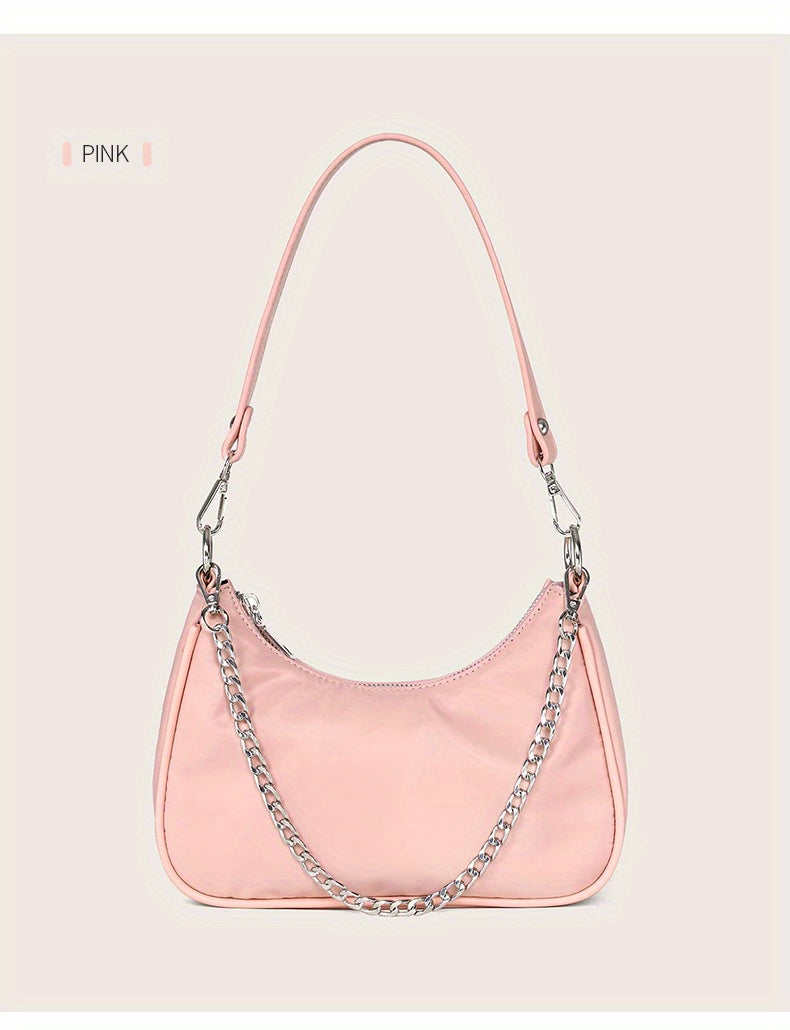 Y2K Chic Chain Baguette Bag - Stylish Nylon Shoulder Purse - Durable & Versatile for Everyday Fashion - Solid Colors for the Fashion-Forward Woman