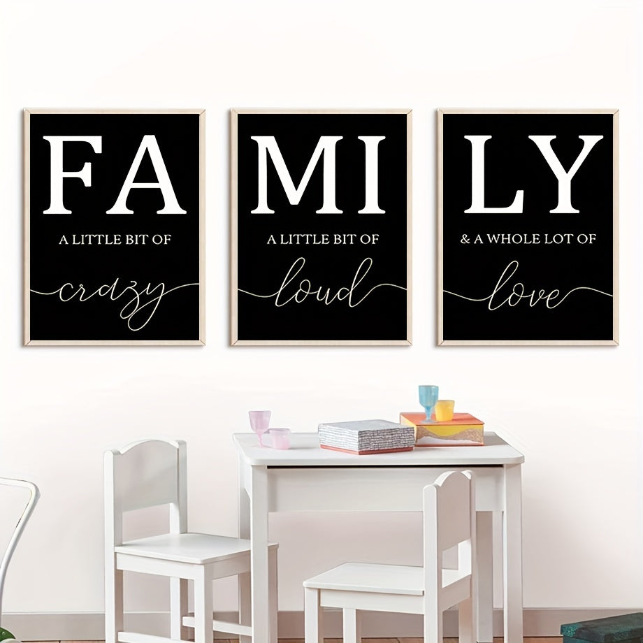 Ensemble de 3 toiles murales minimalistes de luxe sans cadre – Tableaux décoratifs pour salon – Écriture familiale sans cadre