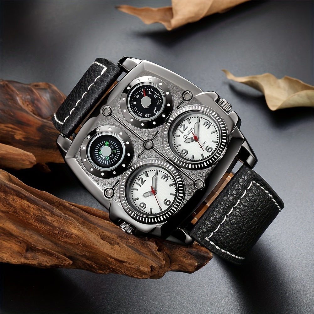 Oulm Large Dial Fashion Casual Men's Watch, Men's Sports Watch Dual Time Zone Compass Thermometer Men's Quartz Watch, Ideal choice for Gifts
