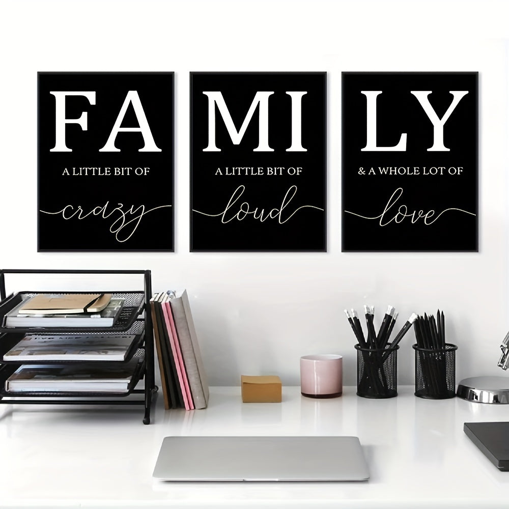 Ensemble de 3 toiles murales minimalistes de luxe sans cadre – Tableaux décoratifs pour salon – Écriture familiale sans cadre
