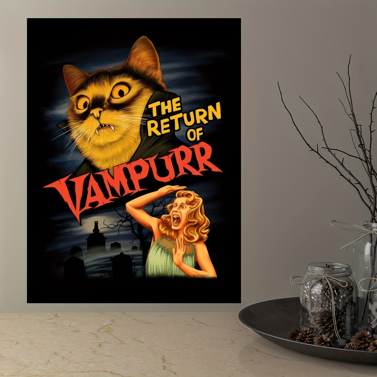 1 adet "Vampurr'un Dönüşü" Tuval Poster - Vintage Korku-Komedi Kedi Sever Duvar Sanatı, Çerçevesiz, Çam Ağacı Tuval, Oturma Odası ve Yatak Odası Dekoru için Dikey Yönlendirme