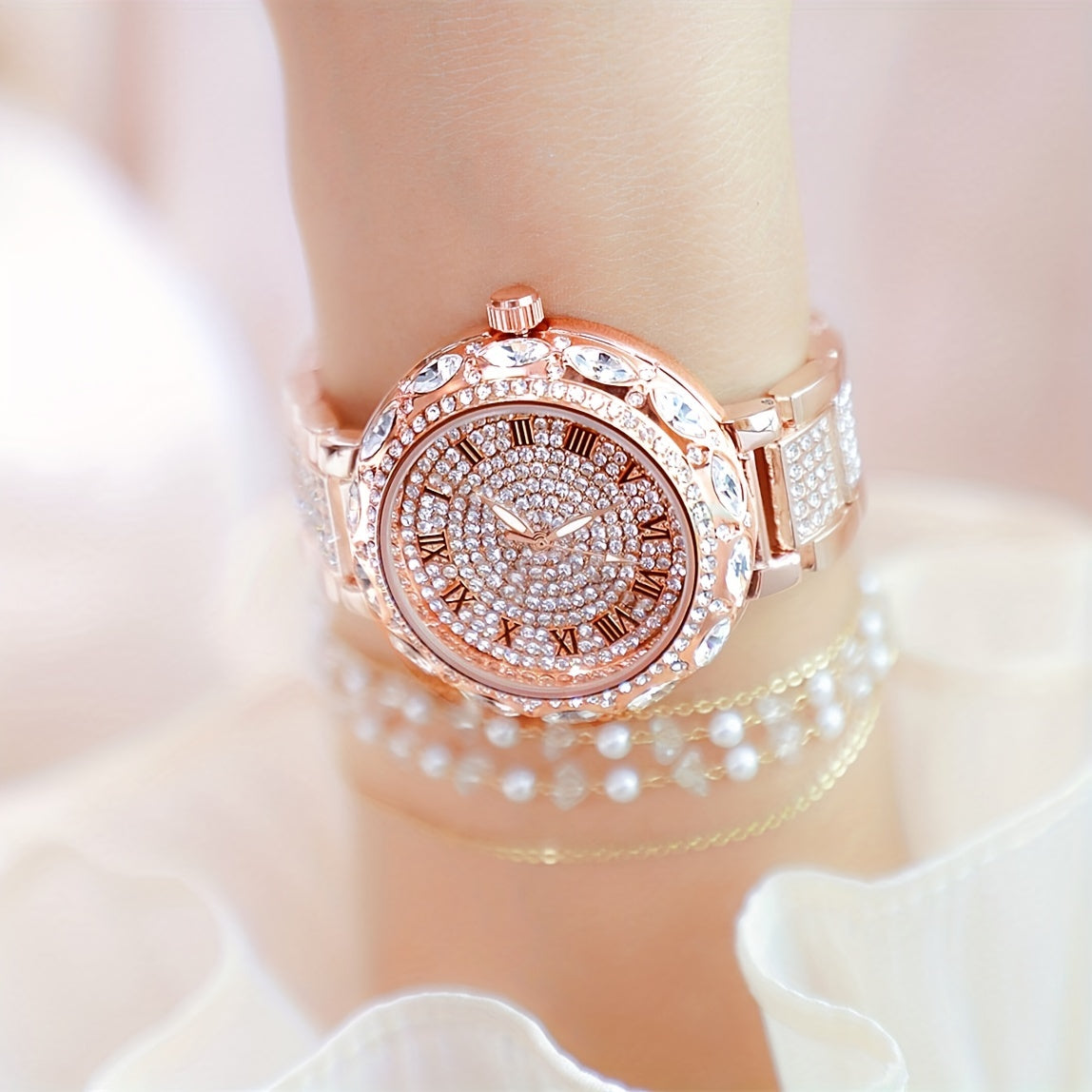 Radiant Quartz Womens Bracelet Watch - Sparkling Rhinestone Inlaid, Roman Numeral Dial, Elegant & Chic Design for Fashion-Forward Ladies