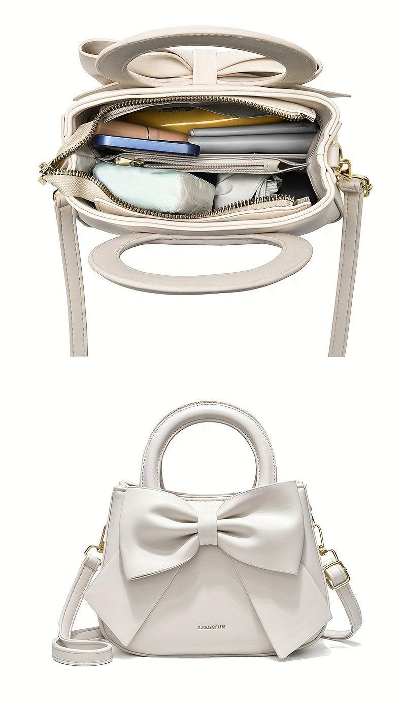 Chic Bow Accent Handbag - Durable Faux Leather, Dual Handle & Crossbody - Stylish Womens Purse for Everyday Fashion