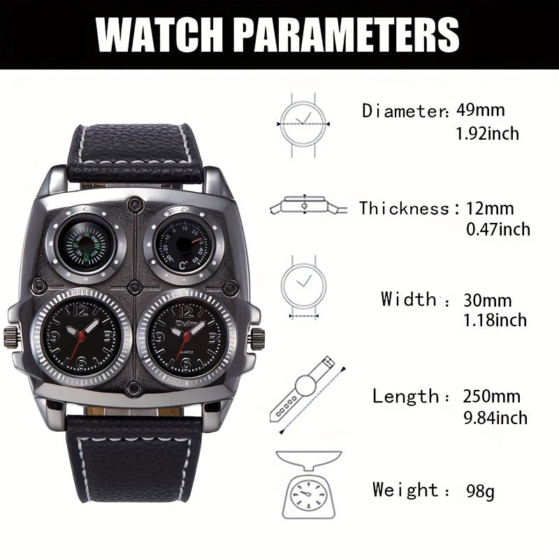 Oulm Large Dial Fashion Casual Men's Watch, Men's Sports Watch Dual Time Zone Compass Thermometer Men's Quartz Watch, Ideal choice for Gifts