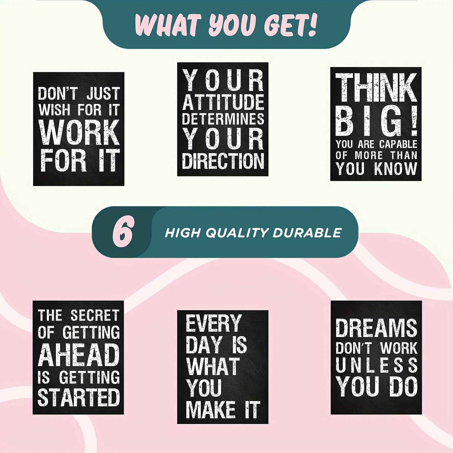 [6 affiches murales motivantes] 6 affiches murales inspirantes pour bureau, salle de sport, salon, chambre à coucher, citations et dictons motivants et positifs, décorations parfaites pour les pièces, 20 x 25 cm, sans cadre