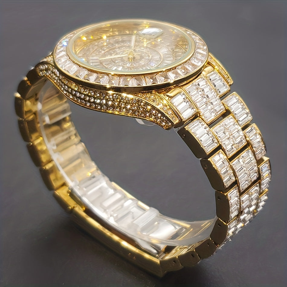 Elevate Your Style: Men's Quartz, Rhinestone-Embellished Waterproof Watch - Perfect for Fashion & Parties