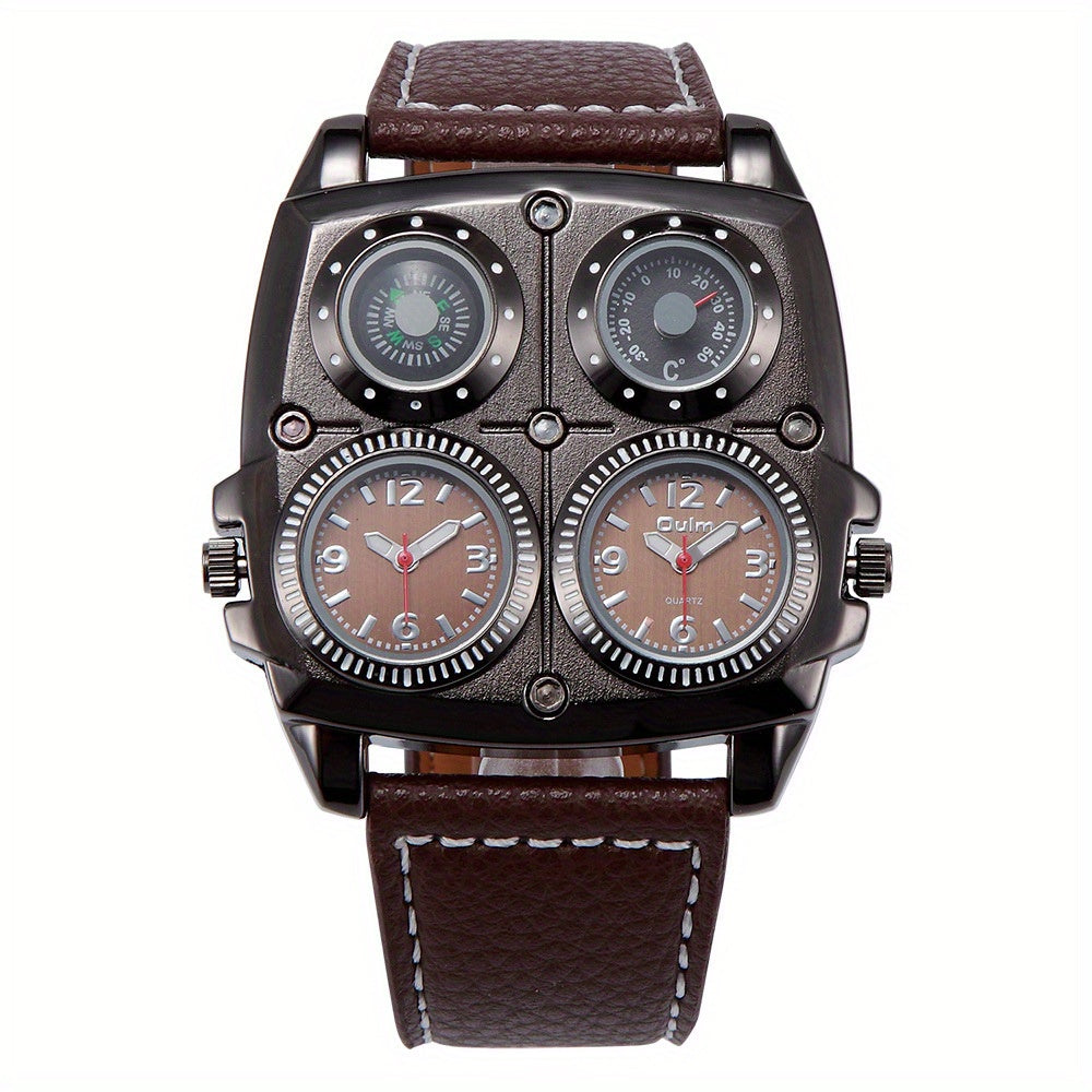 Oulm Large Dial Fashion Casual Men's Watch, Men's Sports Watch Dual Time Zone Compass Thermometer Men's Quartz Watch, Ideal choice for Gifts