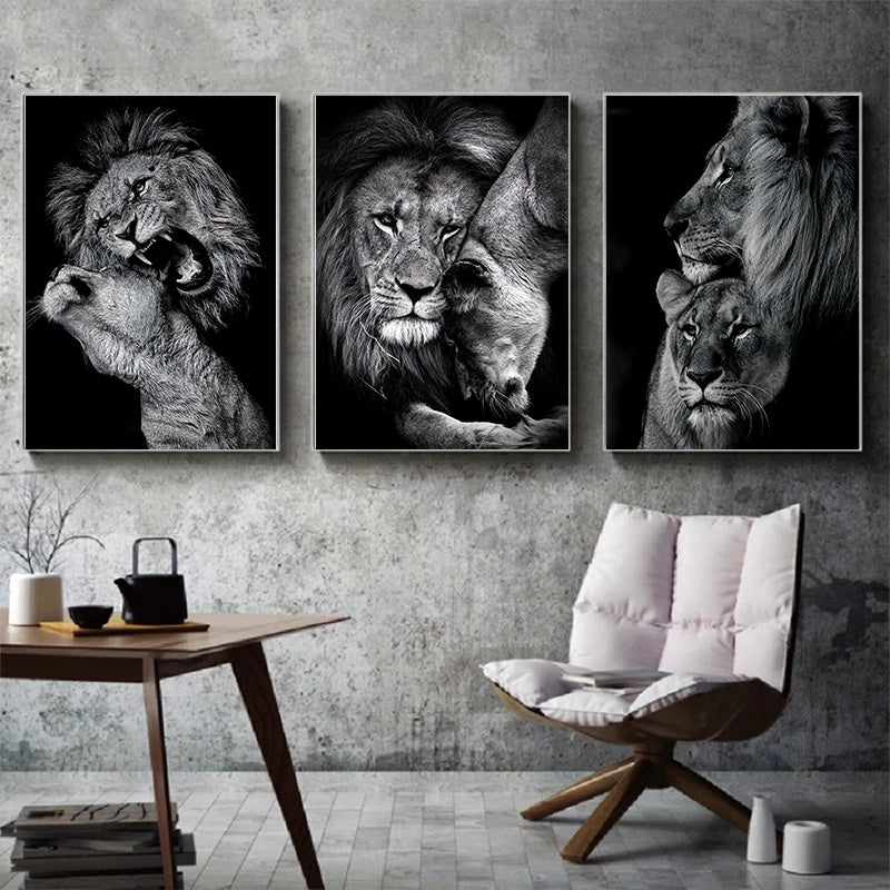 [3pcs Modern Art Canvas Poster] 3pcs Unframed Canvas Poster, Modern Art, Animal Family Poster, Lion Family Poster, Ideal Gift For Bedroom Living Room Corridor, Wall Art, Wall Decor, Winter Decor, Room Decoration