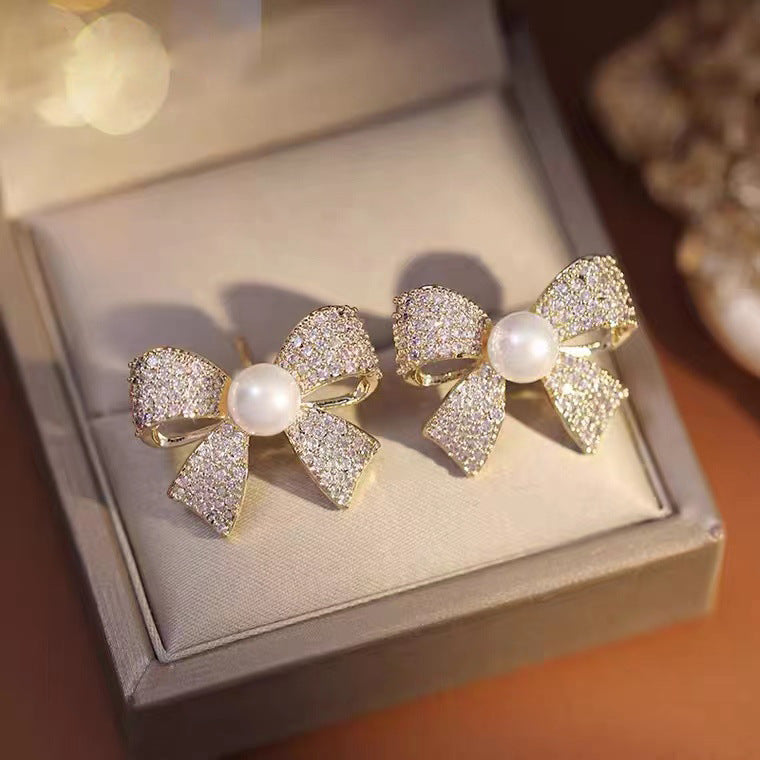Pearl Accent Bow Decor Stud Earrings - Elegant Fashion Jewelry for Women with Personality - Hypoallergenic, Nickel-Free, and Comfortable to Wear
