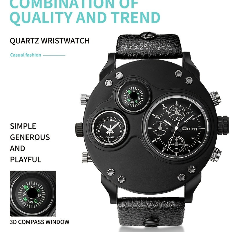 Oulm Mens Dual Time Zone Quartz Watch - Bold Large Dial, Stylish Personality Design, Precise Movement, Comfortable Belt Strap - For Globetrotters & Fashion Enthusiasts