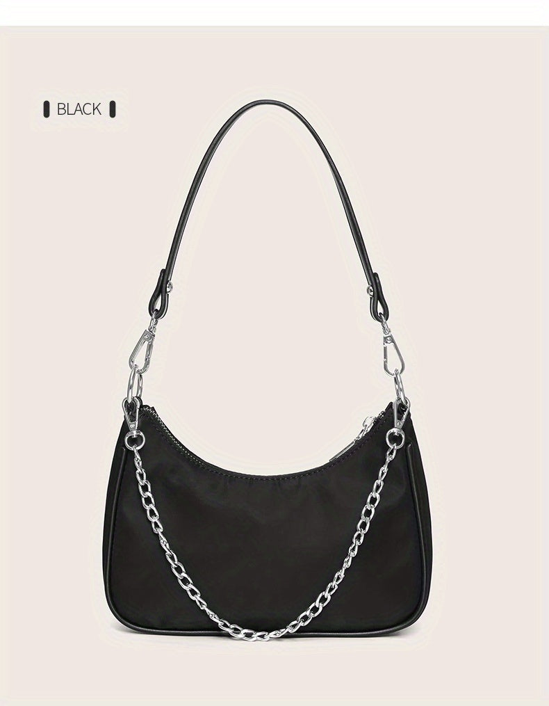 Y2K Chic Chain Baguette Bag - Stylish Nylon Shoulder Purse - Durable & Versatile for Everyday Fashion - Solid Colors for the Fashion-Forward Woman