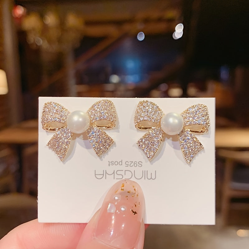 Pearl Accent Bow Decor Stud Earrings - Elegant Fashion Jewelry for Women with Personality - Hypoallergenic, Nickel-Free, and Comfortable to Wear