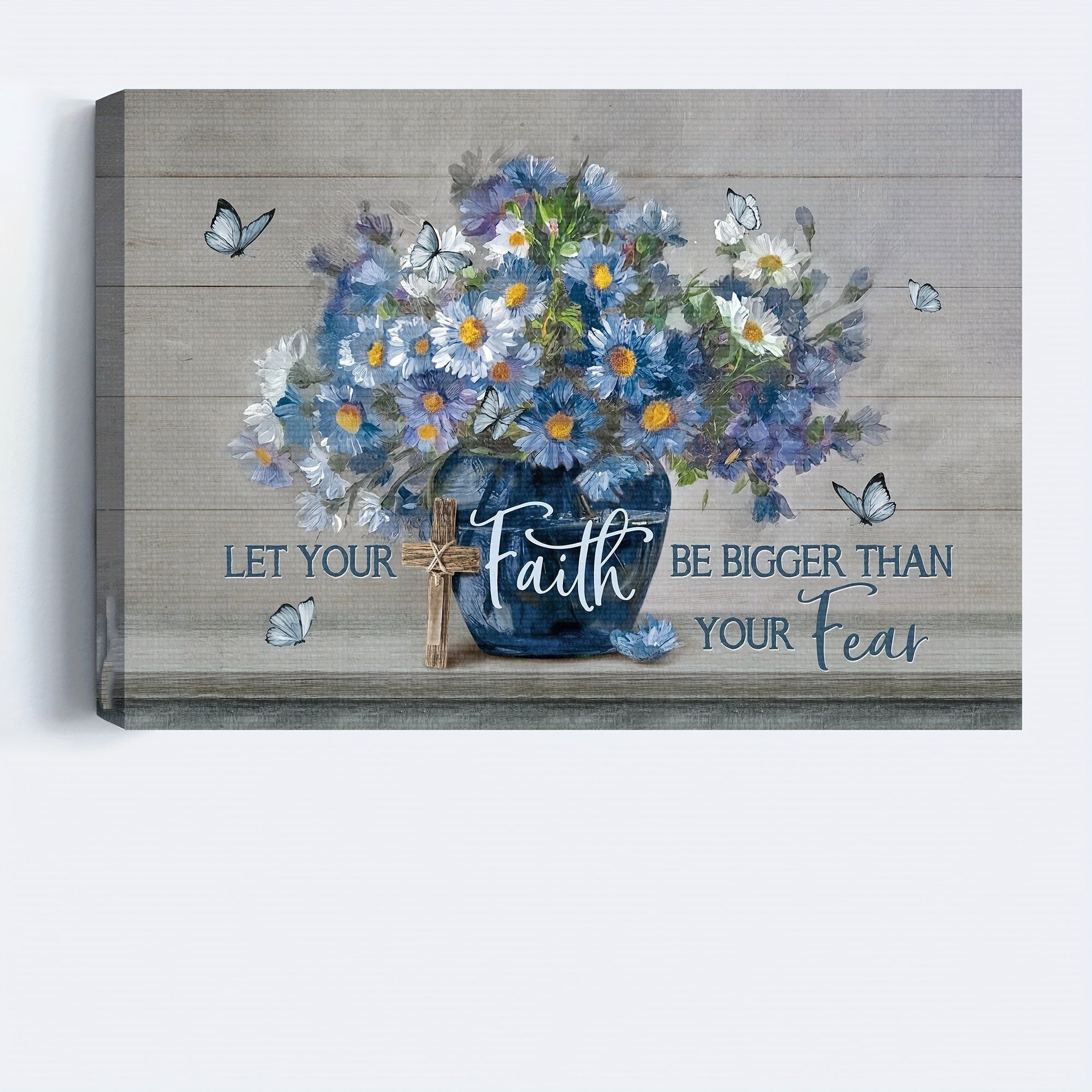 1pc Let Your Faith Be Bigger Than Your Fear - Unique Blue Flower and Butterfly Landscape Canvas Wall Art - Perfect Gift for Christian Believers - No Frame Required