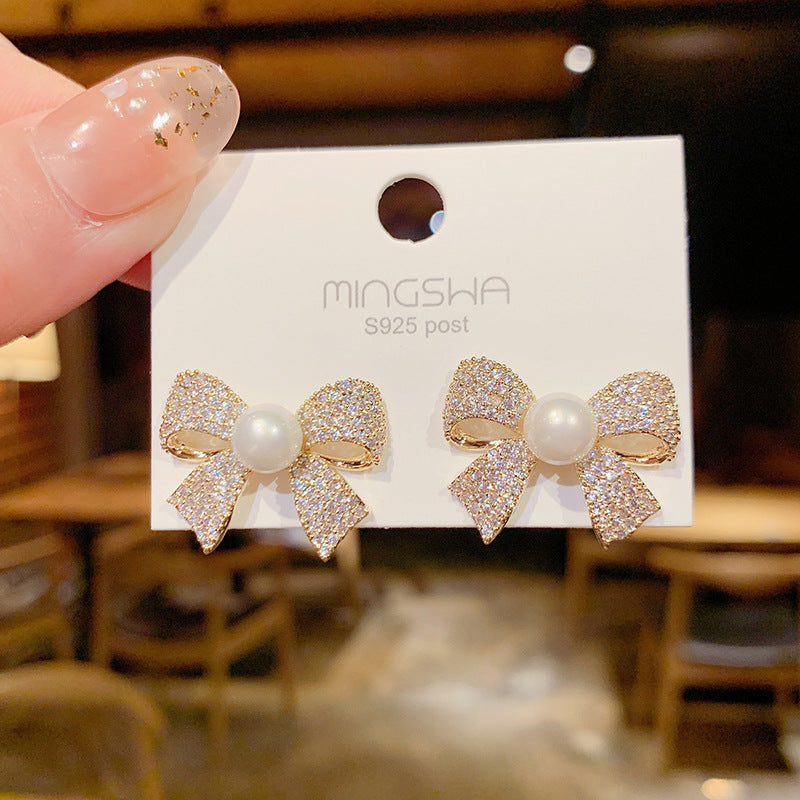 Pearl Accent Bow Decor Stud Earrings - Elegant Fashion Jewelry for Women with Personality - Hypoallergenic, Nickel-Free, and Comfortable to Wear