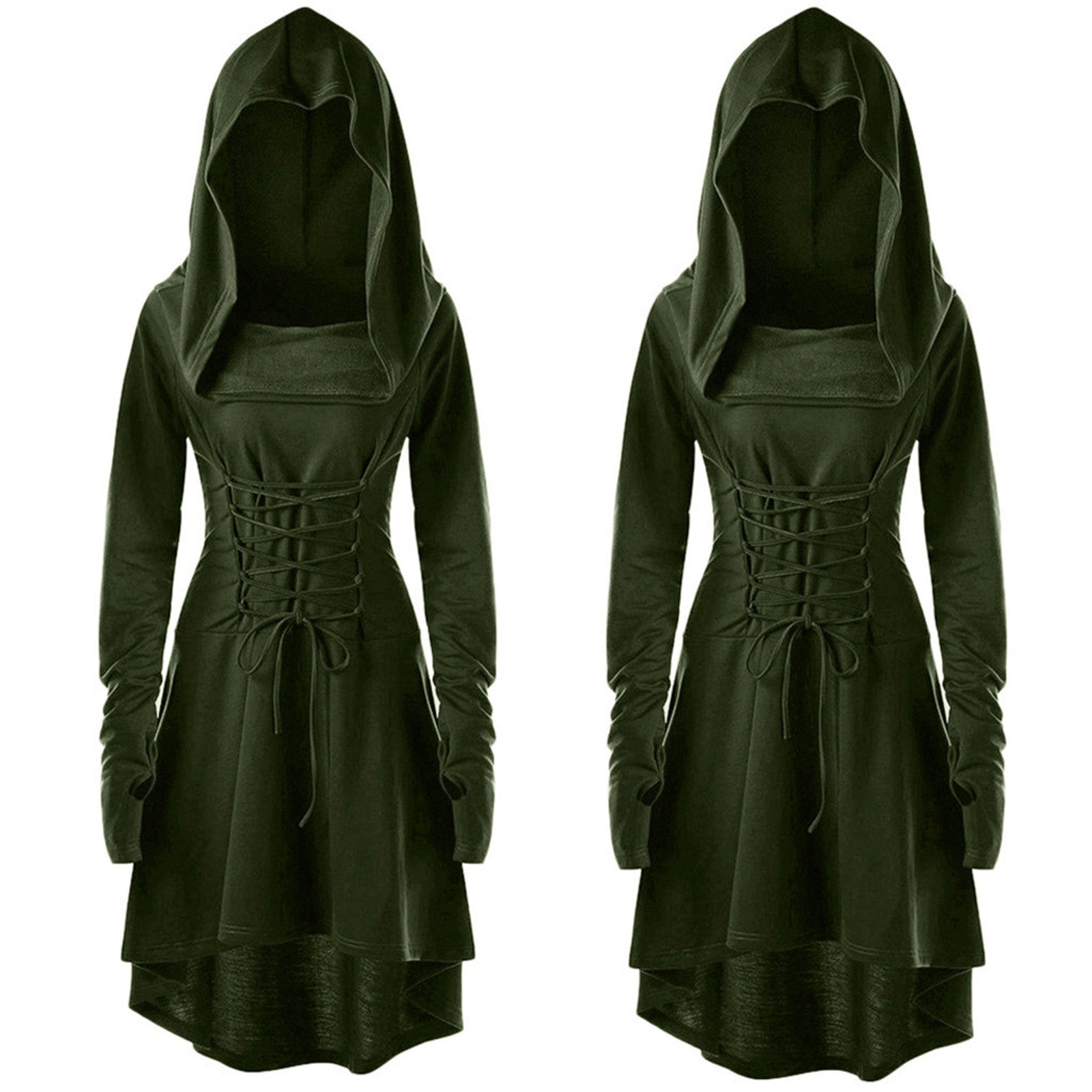 Vintage Women Cosplay Costume Medieval Lace Up Hooded Pullover For Women Victorian Casual High Low Bandage Long Dress Cloak