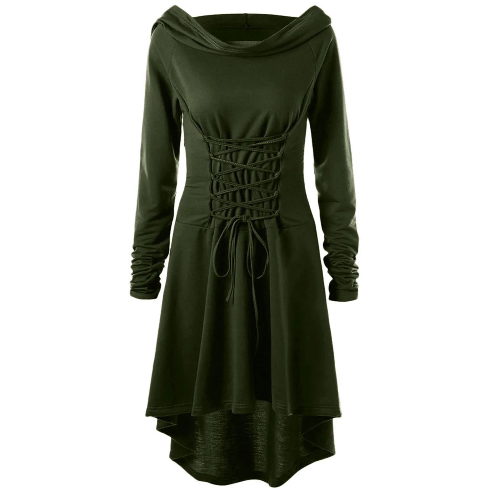 Vintage Women Cosplay Costume Medieval Lace Up Hooded Pullover For Women Victorian Casual High Low Bandage Long Dress Cloak