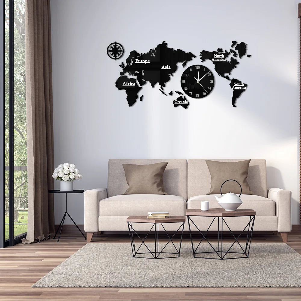 World Map Modern Wall Clock Home Decor Big Wall Clock Silent Non Ticking Wall Watch Office Geography Wall Art Travel Gift Idea