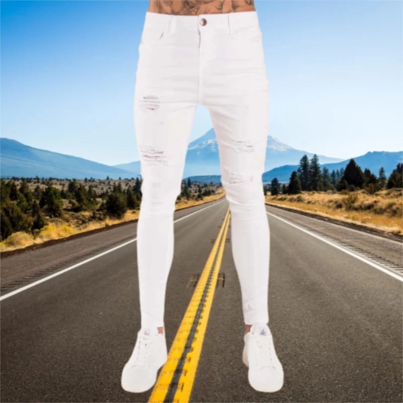 Jeans Wihte Men Elastic Waist Skinny Jeans 2023 Stretch Ripped Denim Pants Streetwear Summer Mens High Quality Joggers Trousers