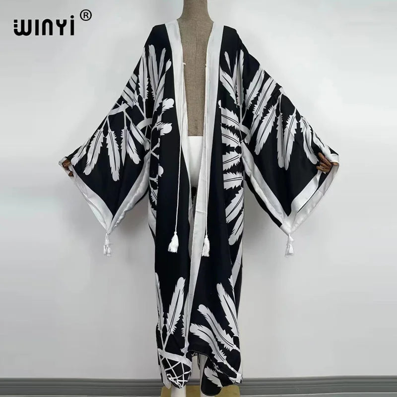 Caftan Automne 2024 WINYI Femmes Cardigan Lâche Longue Robe Cocktail Fête Boho Maxi Africain Vacances Manches Chauve-Souris Kimono