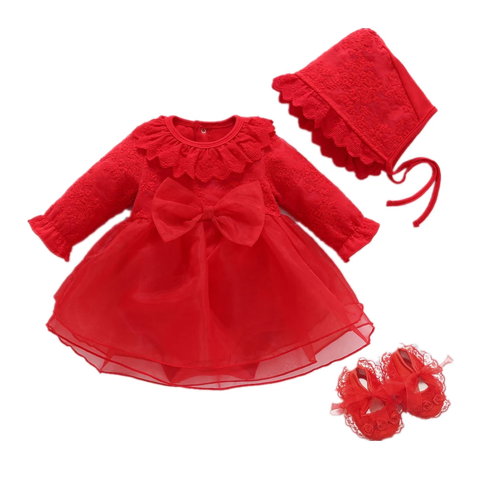 Newborn Baby Girl Dresses Clothes For 0-3 Month Set Party Birthday Dress Outfits 0-1 Years Shoes Tights & Long Socks Christening