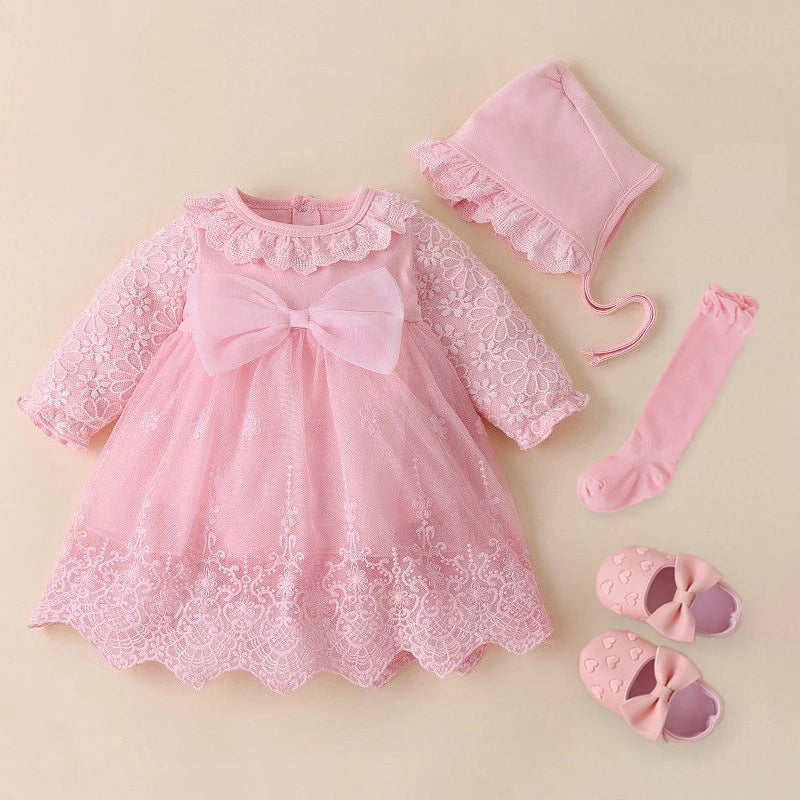 Newborn Baby Girl Dresses Clothes For 0-3 Month Set Party Birthday Dress Outfits 0-1 Years Shoes Tights & Long Socks Christening