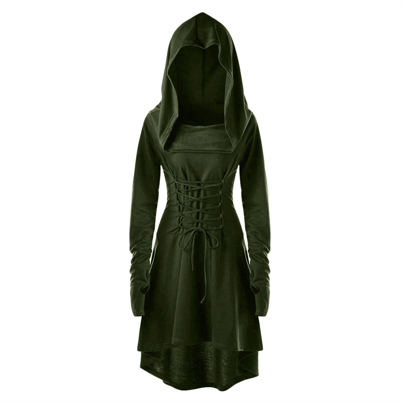 Vintage Women Cosplay Costume Medieval Lace Up Hooded Pullover For Women Victorian Casual High Low Bandage Long Dress Cloak