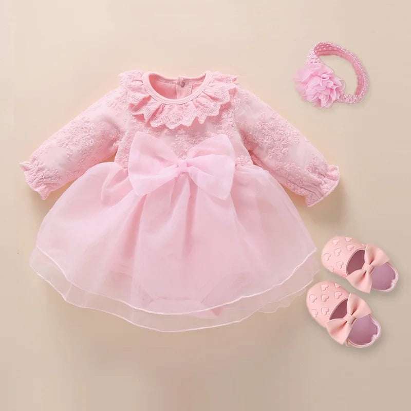 Newborn Baby Girl Dresses Clothes For 0-3 Month Set Party Birthday Dress Outfits 0-1 Years Shoes Tights & Long Socks Christening