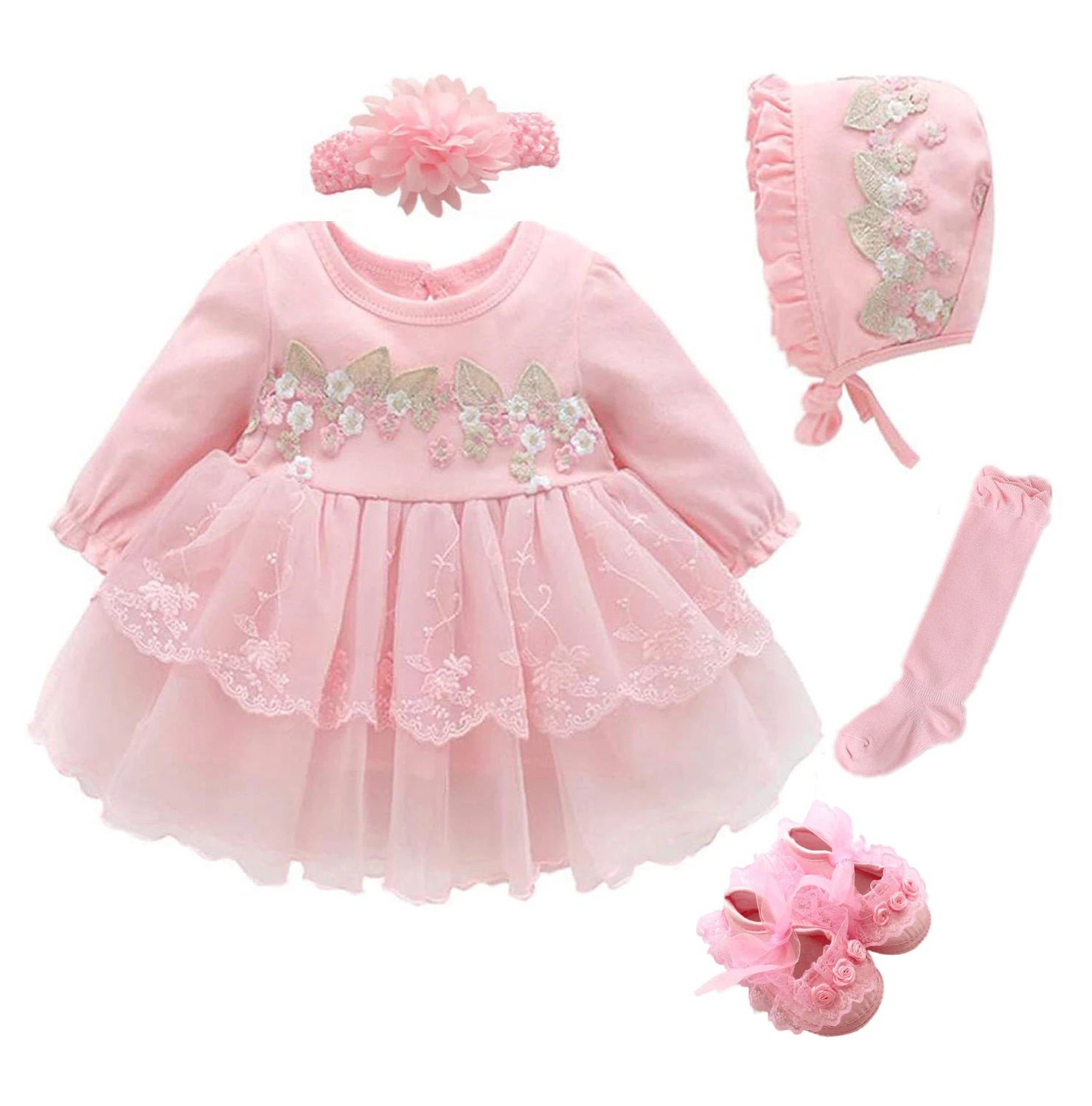 Newborn Baby Girl Dresses Clothes For 0-3 Month Set Party Birthday Dress Outfits 0-1 Years Shoes Tights & Long Socks Christening