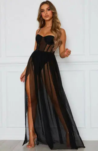 Fashion Casual Womens Sleeveless Dress Sexy Stars Perspective Mesh Gauze Sleeveless Backless Party Long Dress Black White