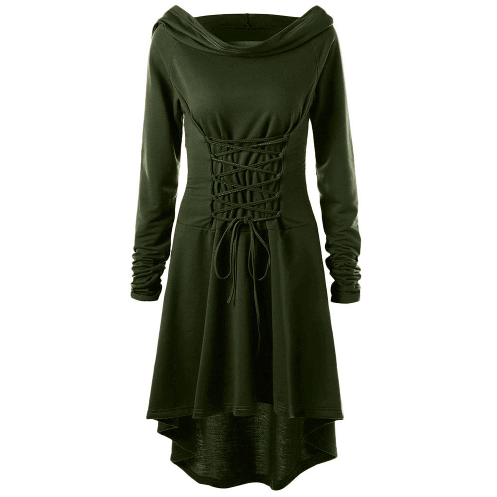 Vintage Women Cosplay Costume Medieval Lace Up Hooded Pullover For Women Victorian Casual High Low Bandage Long Dress Cloak