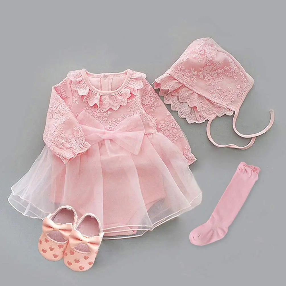 Newborn Baby Girl Dresses Clothes For 0-3 Month Set Party Birthday Dress Outfits 0-1 Years Shoes Tights & Long Socks Christening