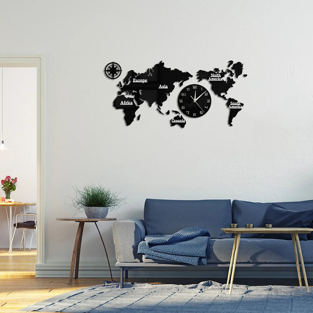 World Map Modern Wall Clock Home Decor Big Wall Clock Silent Non Ticking Wall Watch Office Geography Wall Art Travel Gift Idea