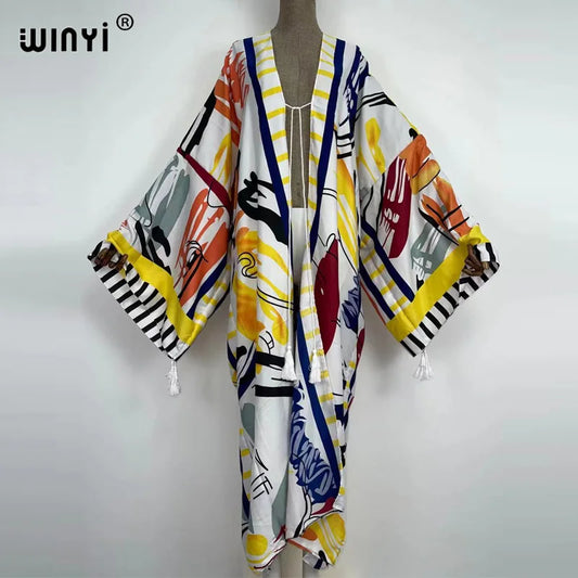 Caftan Autumn 2024 WINYI Women Cardigan Loose Long Dress Cocktail Party Boho Maxi African Holiday Batwing Sleeve kimono