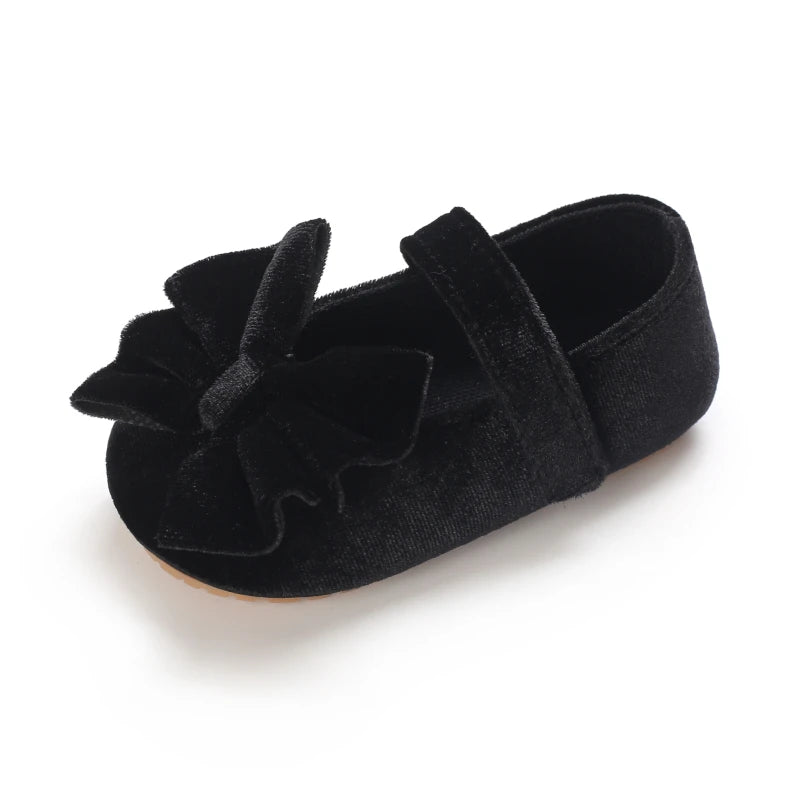 Spring and Autumn Newborn Flannelette Princess Shoes Baby Girls Bow Flat Shoes Toddler Baby Soft Rubber Sole First Walking Shoes