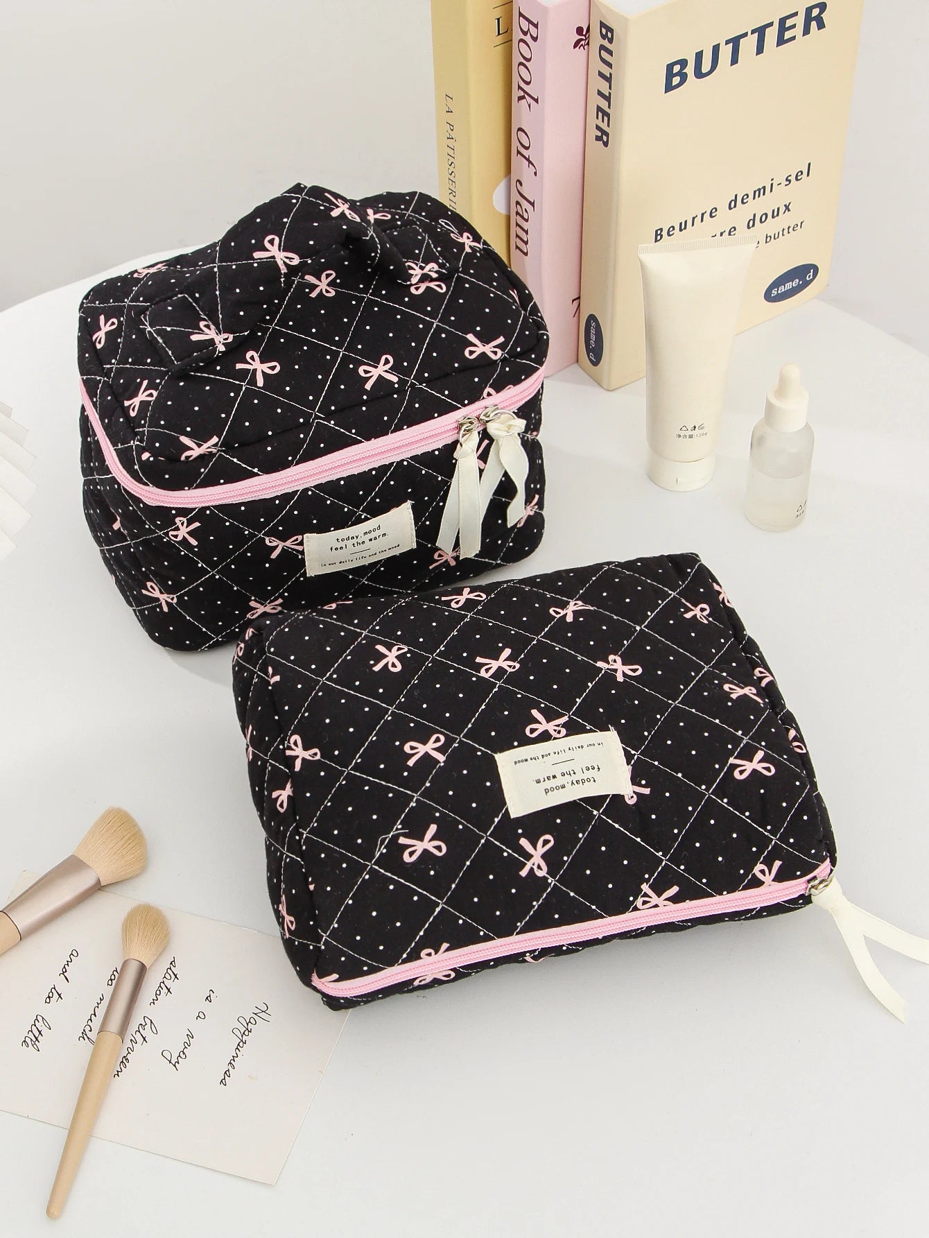 1pc/set Bow Quilted Makeup Bag, Multifunctional Portable Makeup Bag, Holiday Gift Makeup Bag, Travel Essential Makeup Bag