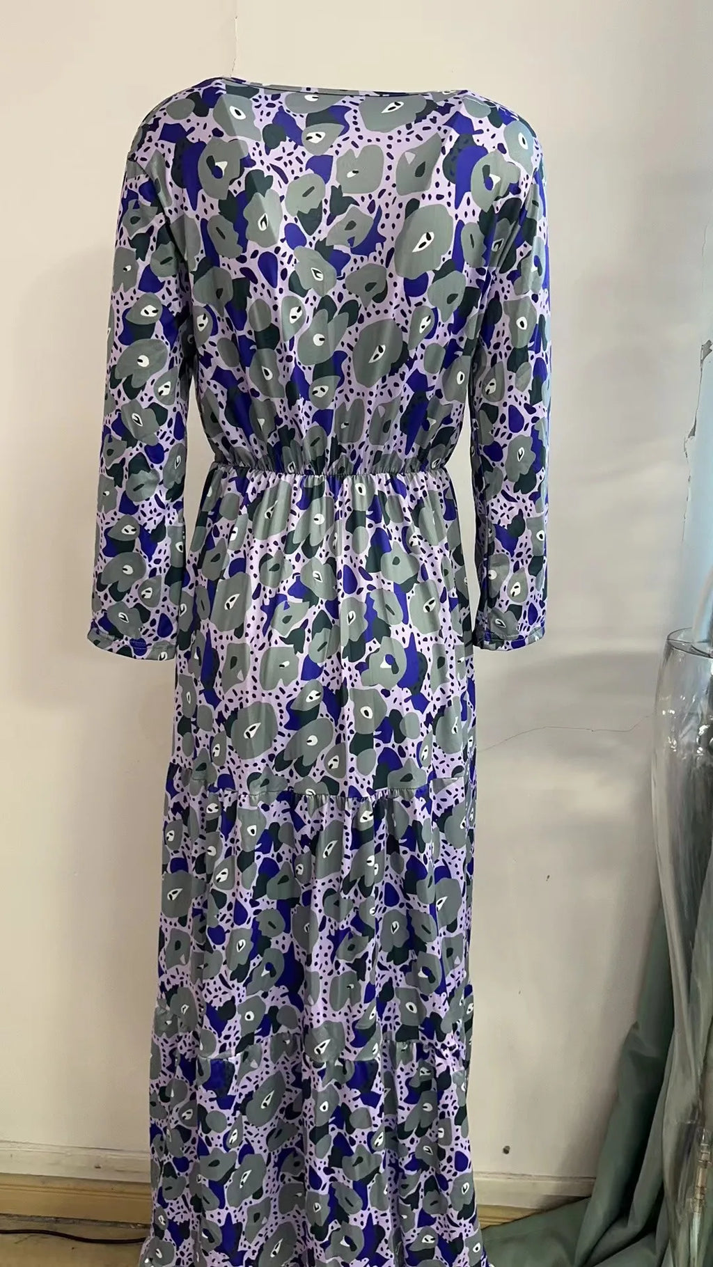 Women's Clothing Temperament Vacation Sexy V-neck Fashionable Printed Lace Up Seven Quarter Sleeve Large Swing Long Dress