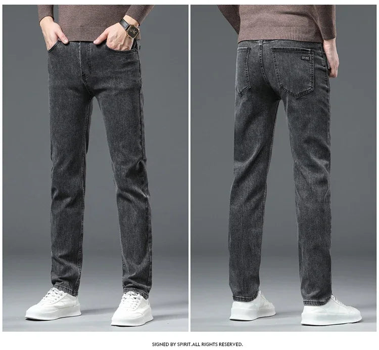 2025 Spring New Men's Straight Jeans Elastic Pant Classic Smoke Gray Casual Wear Mid Waist Casual Trousers Black Male Brand