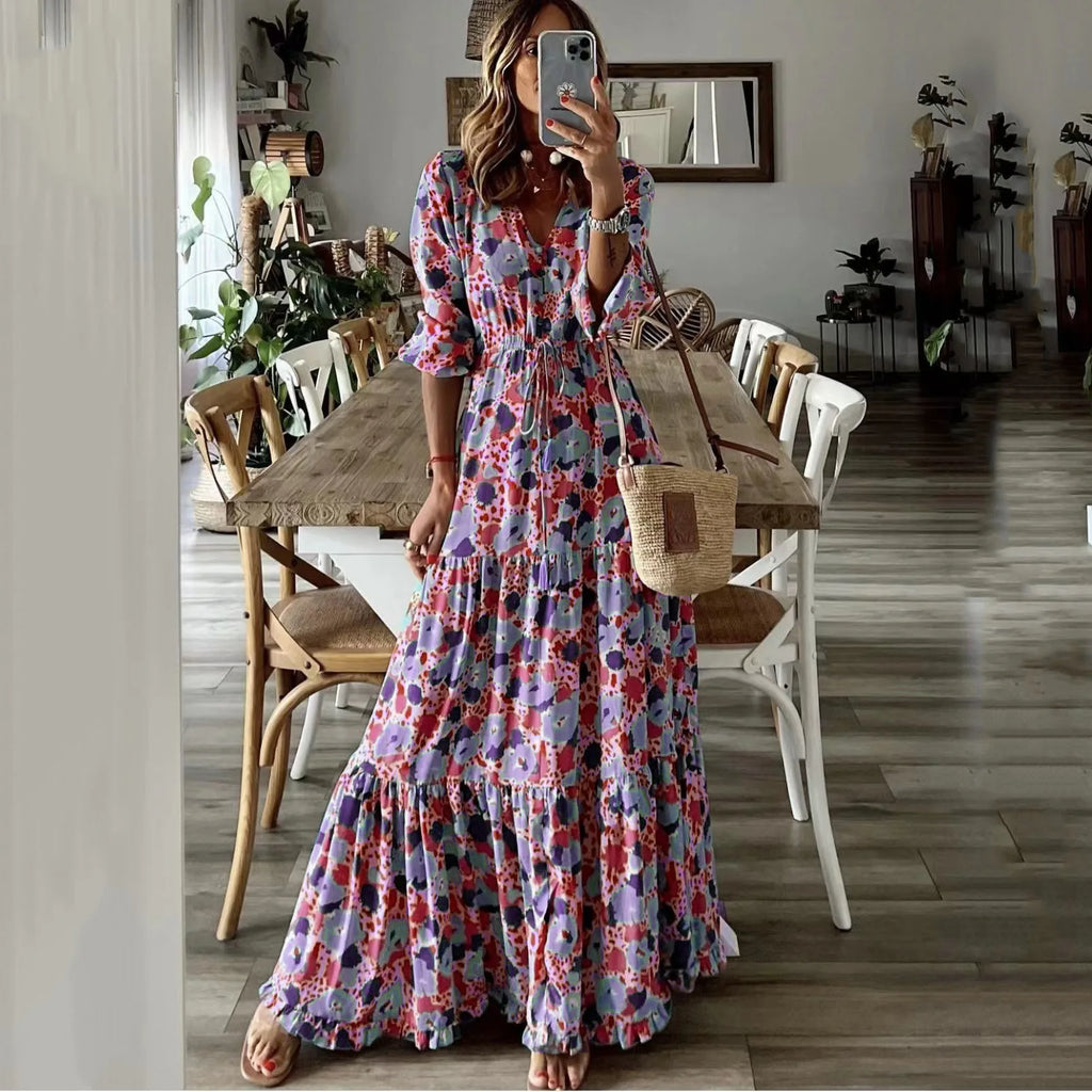 Women's Clothing Temperament Vacation Sexy V-neck Fashionable Printed Lace Up Seven Quarter Sleeve Large Swing Long Dress
