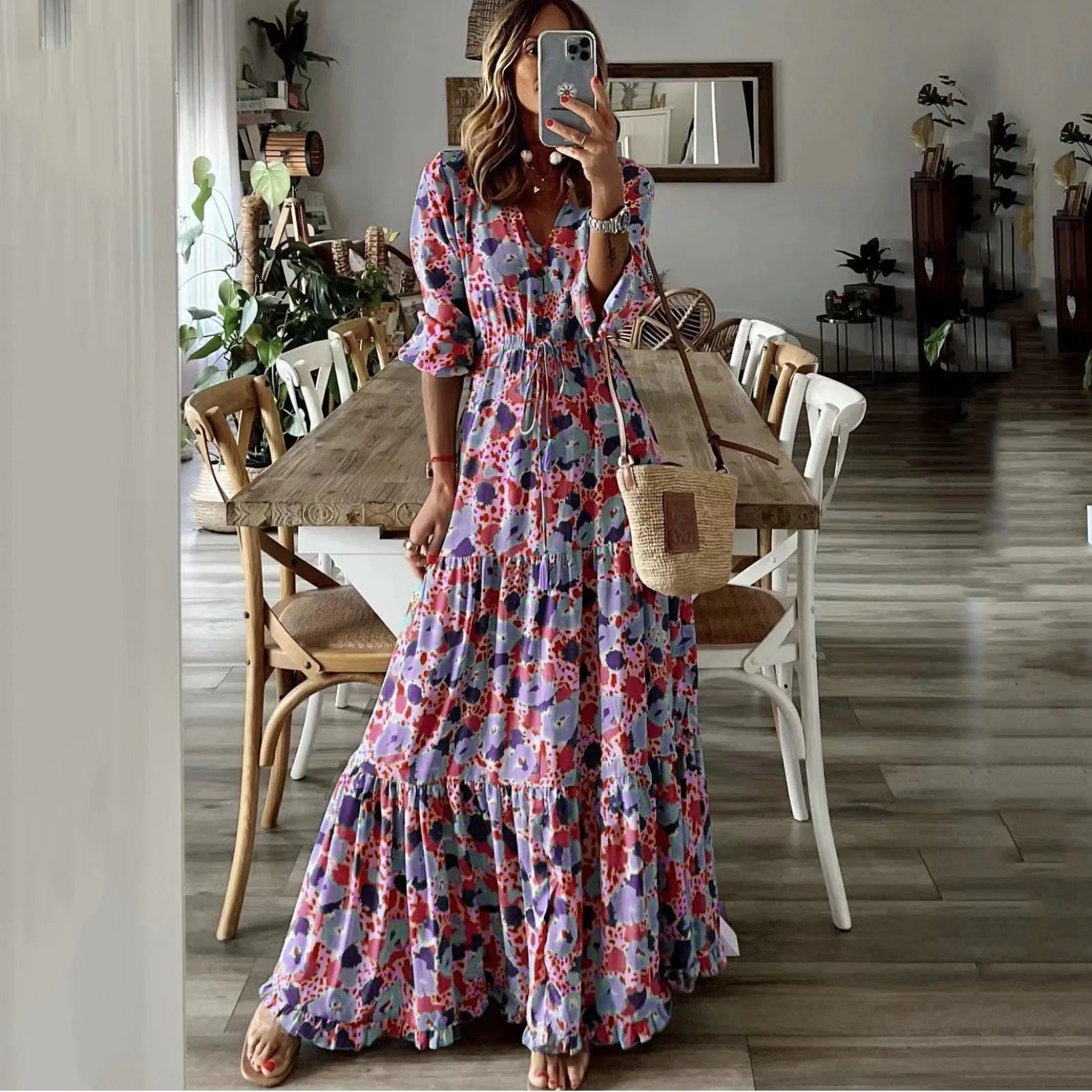 Women's Clothing Temperament Vacation Sexy V-neck Fashionable Printed Lace Up Seven Quarter Sleeve Large Swing Long Dress