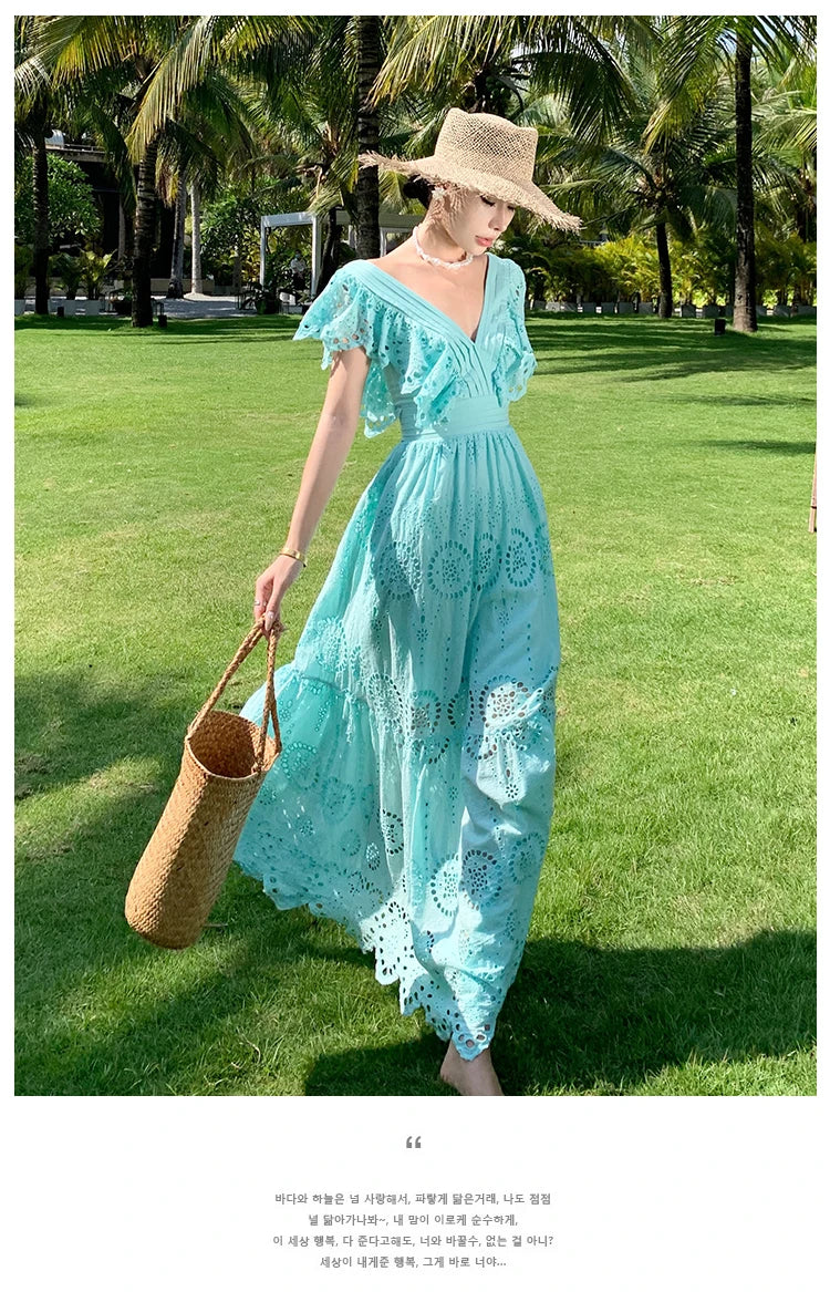 SMTHMA High Quality Hollow Out Embroidery Long Dress Women Sexy Deep V-Neck Ruffle Elegant Summer Dresses Female Clothing