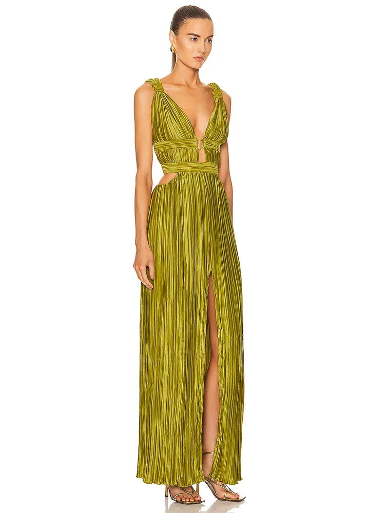 Sexy Sleeveless V Neck Hollow Out Long Dress Women Green Straps Backless High Waist Pleated Split Maxi Dress Party Evening Dres