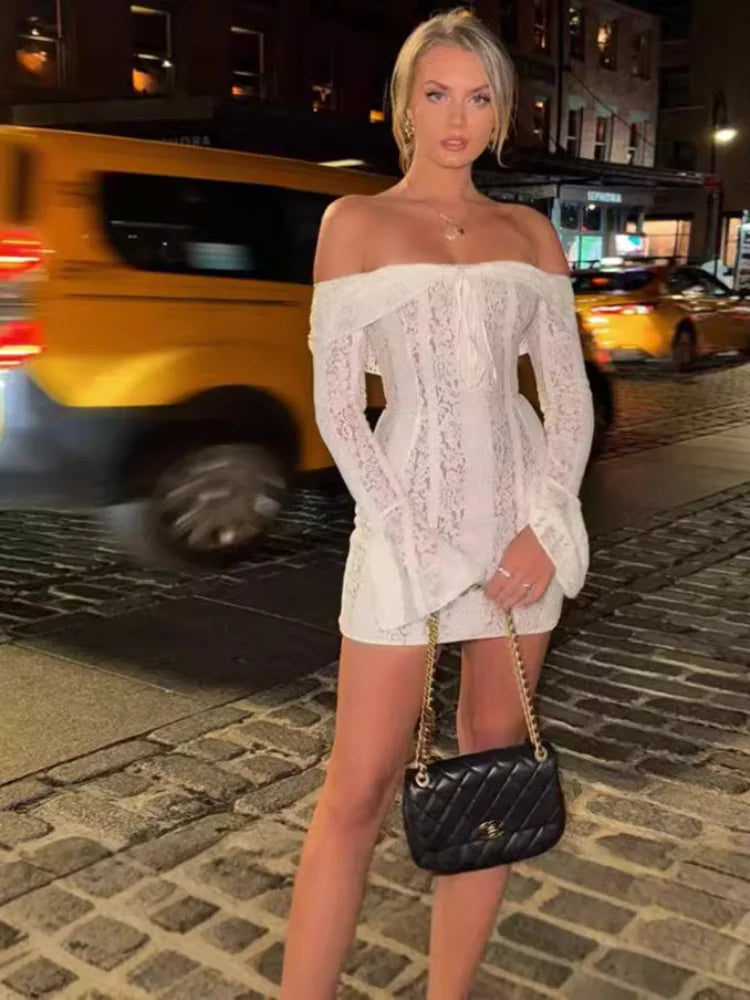 Sexy Women Hollow Out Slash Neck Lace Flared Sleeve Long Dress Elegant Laced Up Slim Fit Robes New Lady Evening Party Vestidos