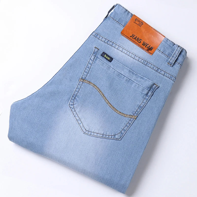 Men's Thin Jeans 2025 Summer New Style Business Casual Slim Fit Elastic Classic Style Trousers Sky Blue Pants Male size 28-40