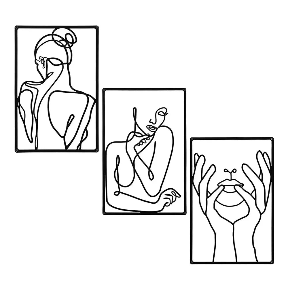 Décoration murale en métal 3 pièces, dessin au trait abstrait, décoration pour cuisine, salle de bain, salon et salon, décoration murale en métal à suspendre